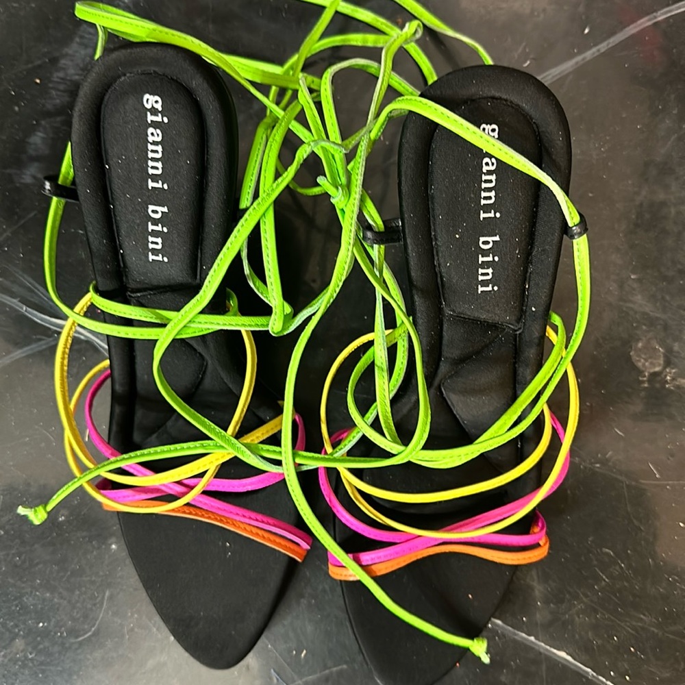 Gianna Bini Green yellow pink orange tie up sandal heels